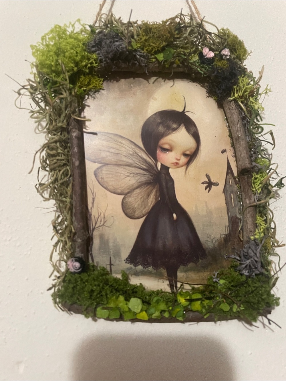 Whimsical Fairy print with handcrafted frame fairycore wall decor dark castle